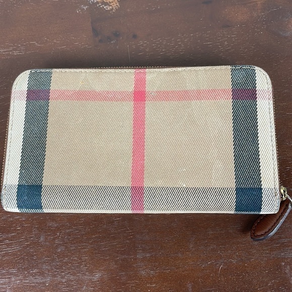 Burberry Elmore Zip Wallet Leather with Horseferry Check Canvas Brown Tan Plaid - Picture 3 of 13